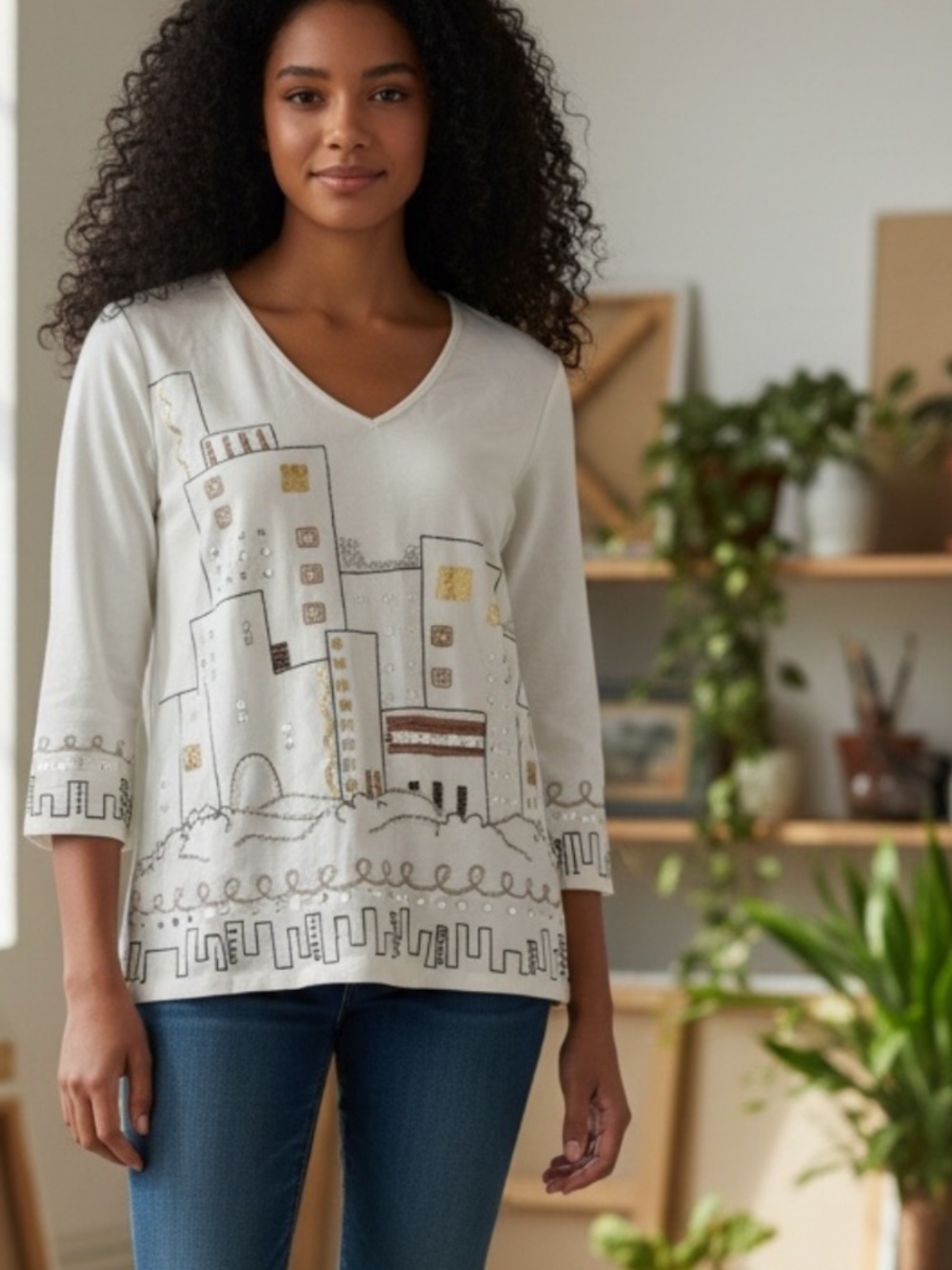 Y2K Heart of Palm ,White Embellished Cityscape Top •  Stretch , Vintage S